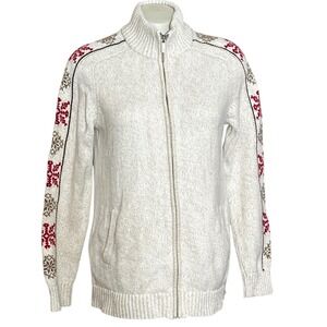 Lands End Womens Sweater Beige Snowflake Fair Isle Full Zip Mock Neck Cotton